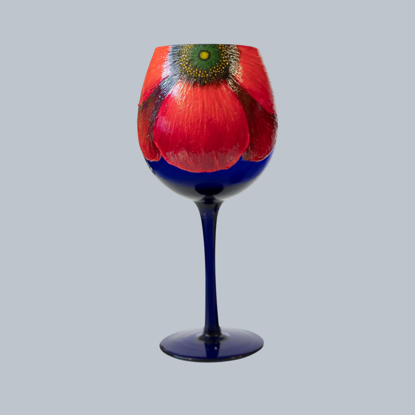 Hand-Painted Crimson Poppy Blue Wine Glasses – Set of 2