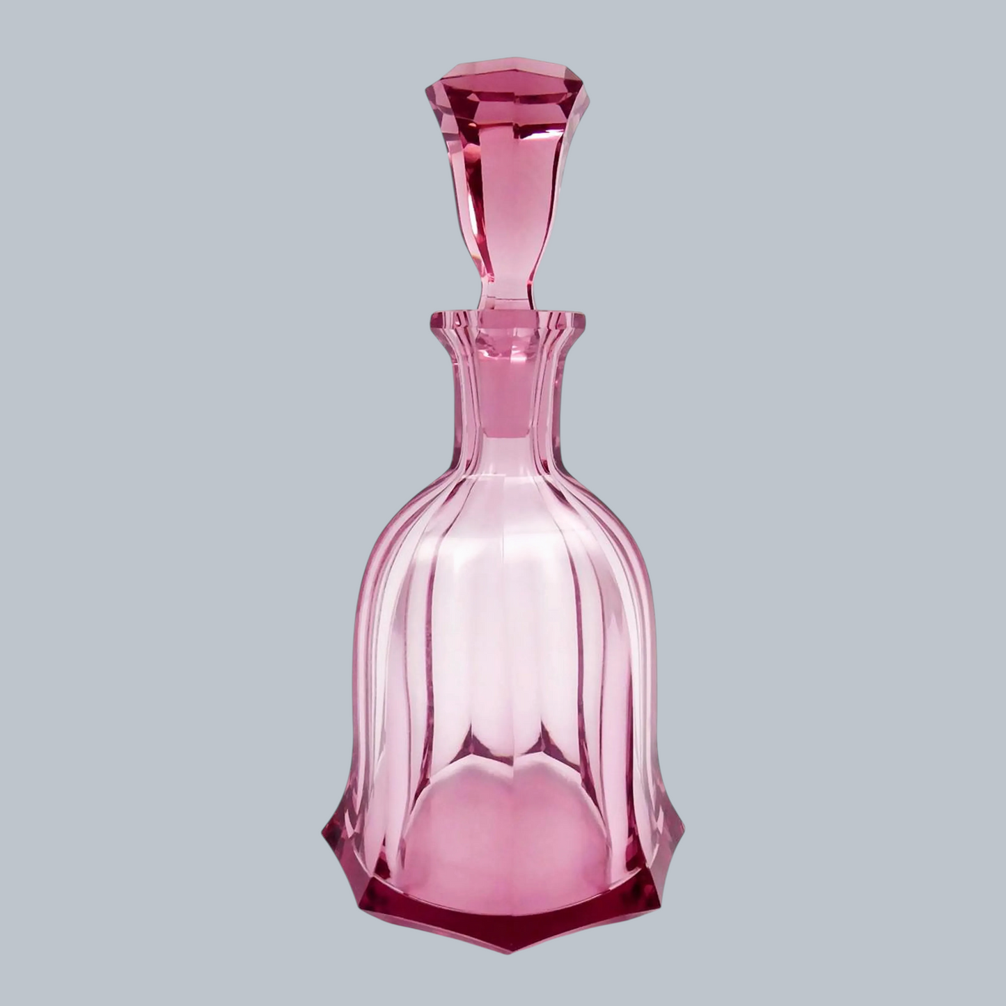Elegant Rose-Tinted Cut Glass Decanter with Octagonal Stopper