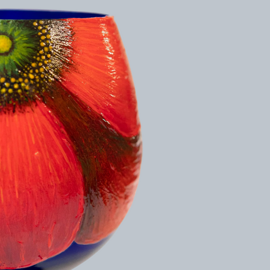 Hand-Painted Crimson Poppy Blue Wine Glasses – Set of 2