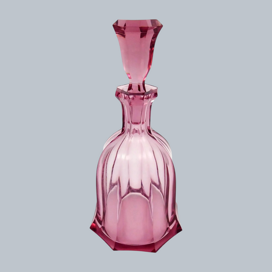 Elegant Rose-Tinted Cut Glass Decanter with Octagonal Stopper