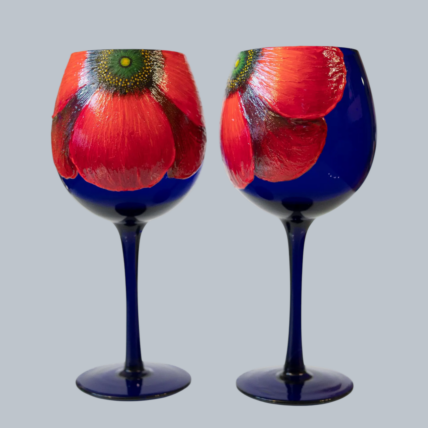 Hand-Painted Crimson Poppy Blue Wine Glasses – Set of 2