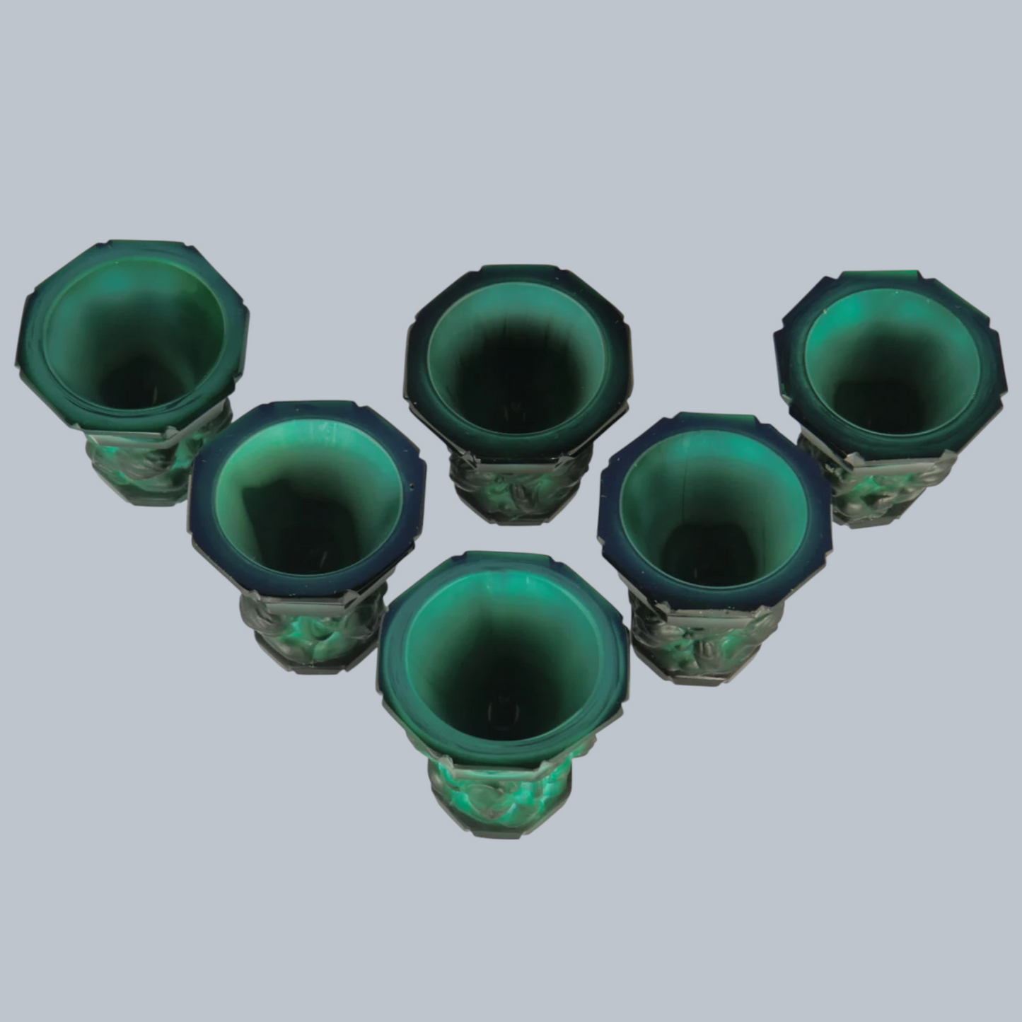 Art Deco Malachite Glass Shot Glass Set with Relief Portraits (Set of 6)