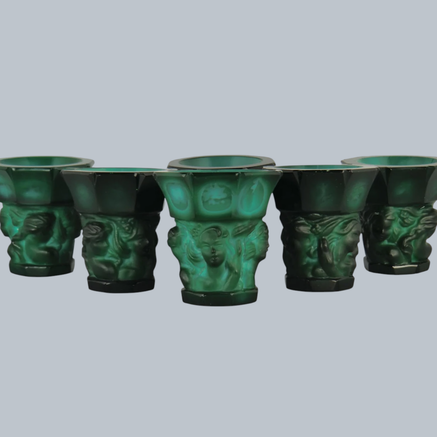 Art Deco Malachite Glass Shot Glass Set with Relief Portraits (Set of 6)